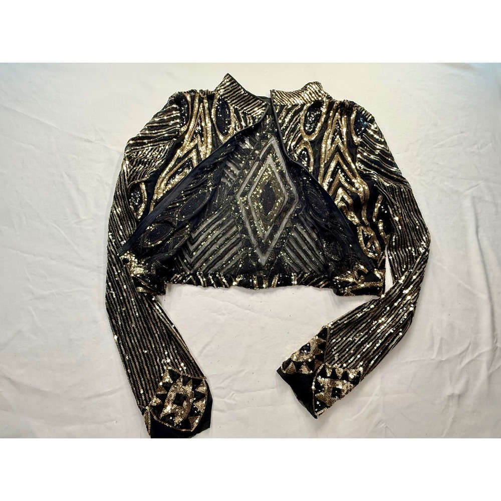Gold Black Sequin Crop Top Long Sleeve Art Deco Geometric Festival Mock Neck - Picture 4 of 4